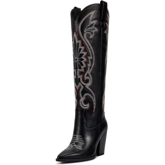 Shoes - Women's Knee High Western Embroidered Chunky Heel Tall Black Boots